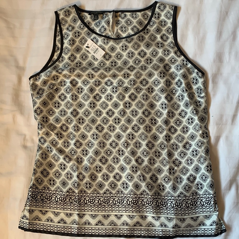 Talbots petite silky cream w black print/piping side zip tank top/camisole NWT